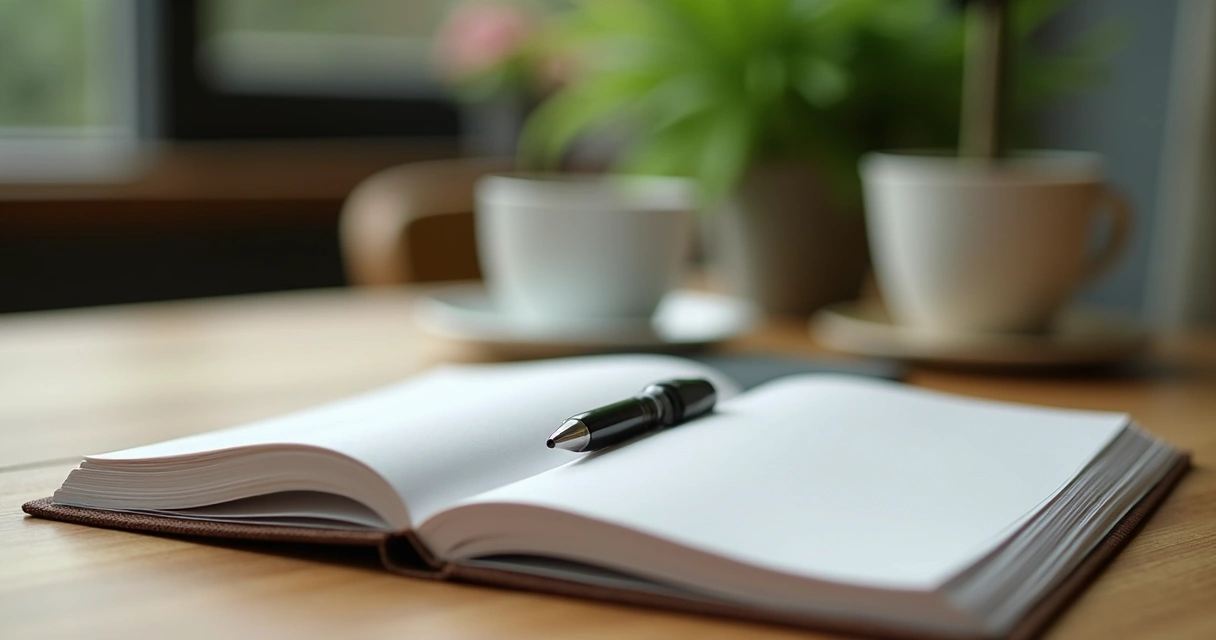 Cuaderno y pluma en una mesa de madera, con taza de café al lado y plantas cerca 