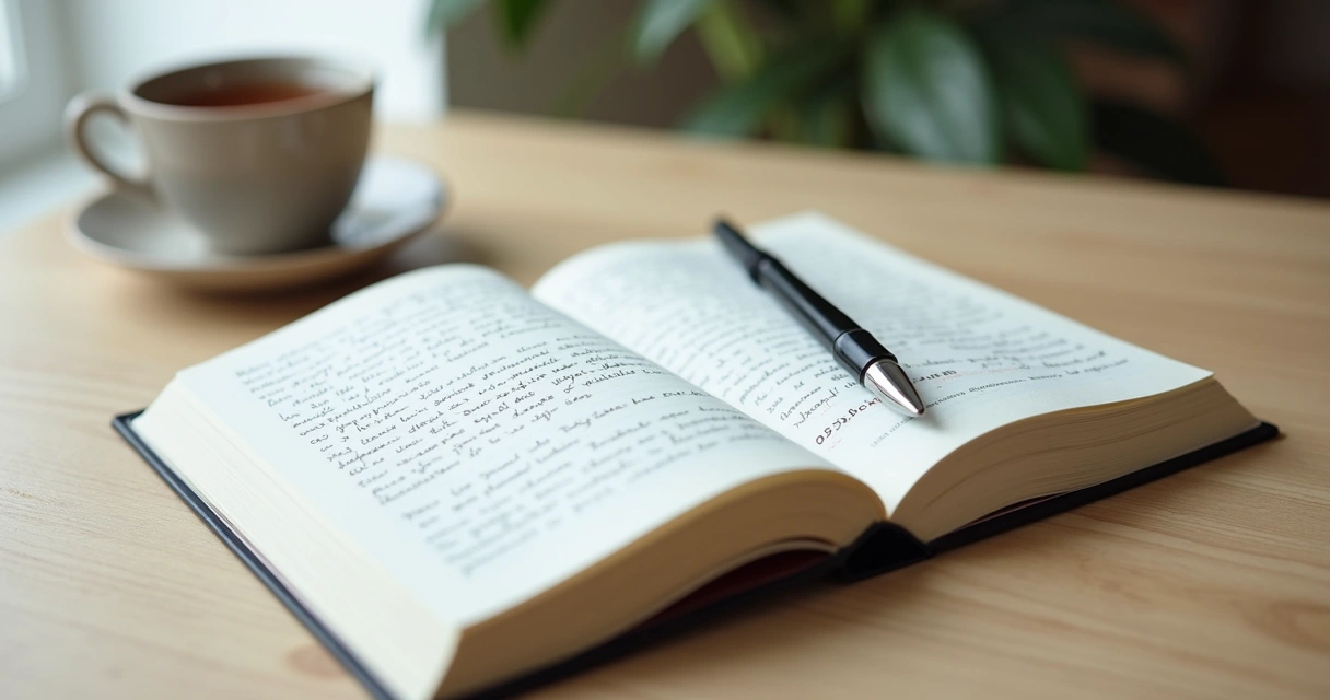 Cuaderno abierto con bolígrafo y taza sobre una mesa tranquila