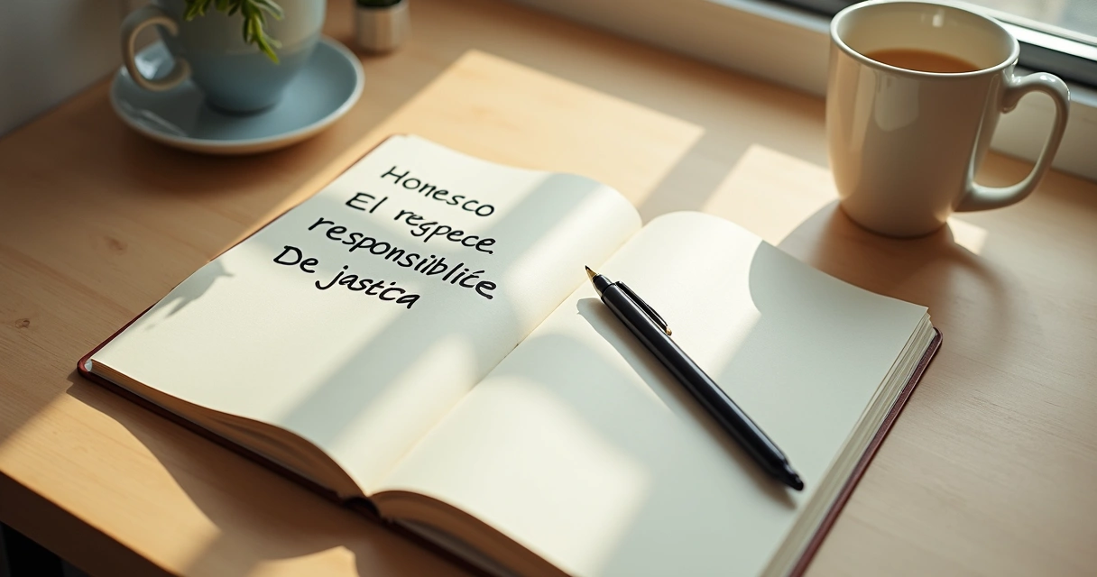 Cuaderno abierto con valores y notas escritas a mano sobre un escritorio 