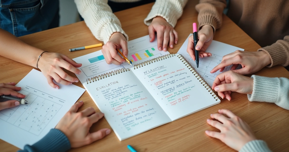 Cuaderno con lista de evaluación grupal y manos alrededor de una mesa 