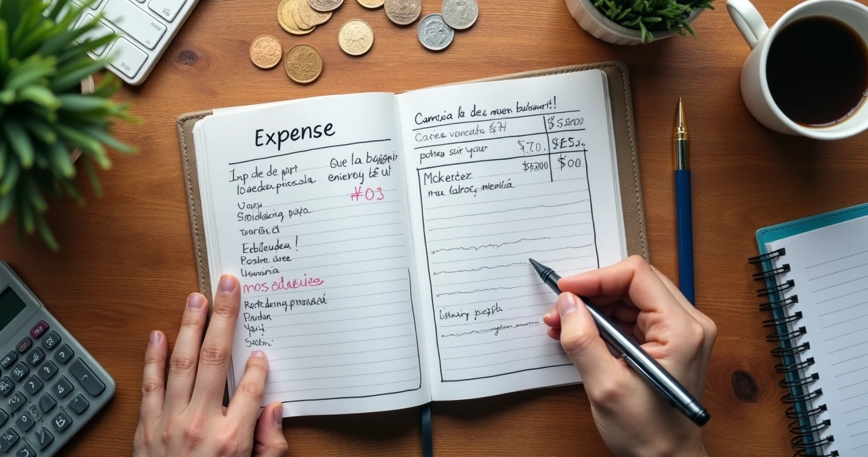 Cuaderno abierto con gastos, monedas y una mano escribiendo notas