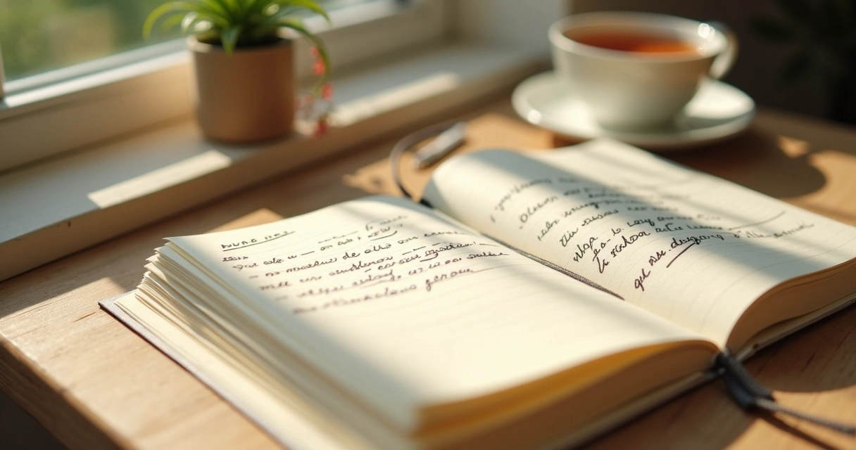 Cuaderno abierto con notas de gratitud sobre un escritorio tranquilo