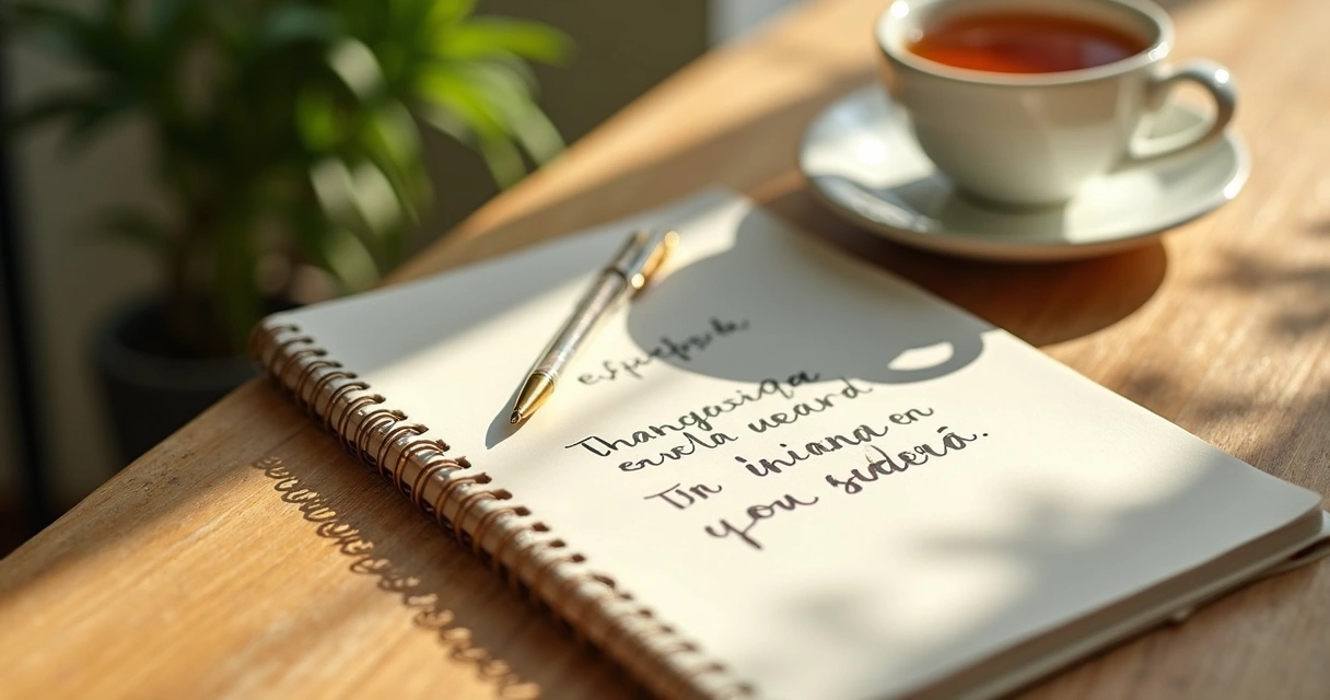 Cuaderno abierto con notas de gratitud sobre una mesa tranquila