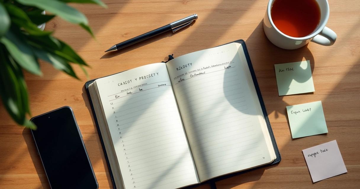 Cuaderno abierto con registro de hábitos y una taza sobre la mesa 