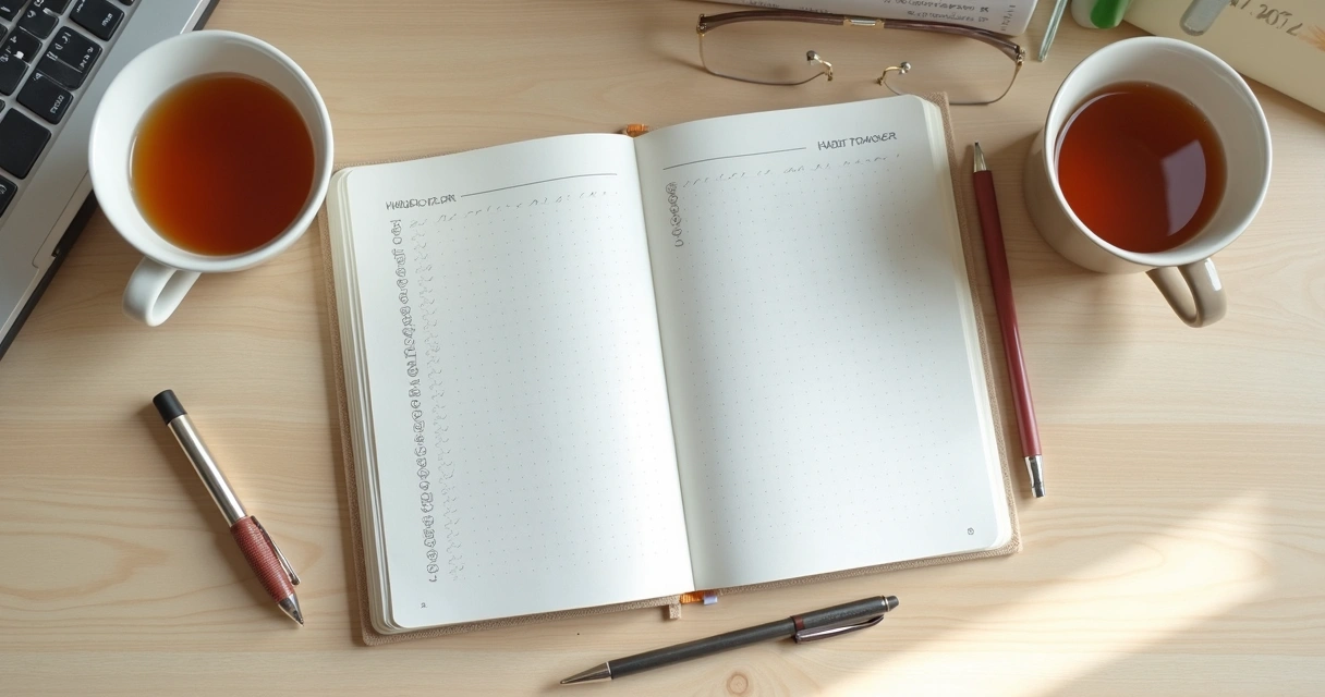 Cuaderno abierto con seguimiento de hábitos y taza de té