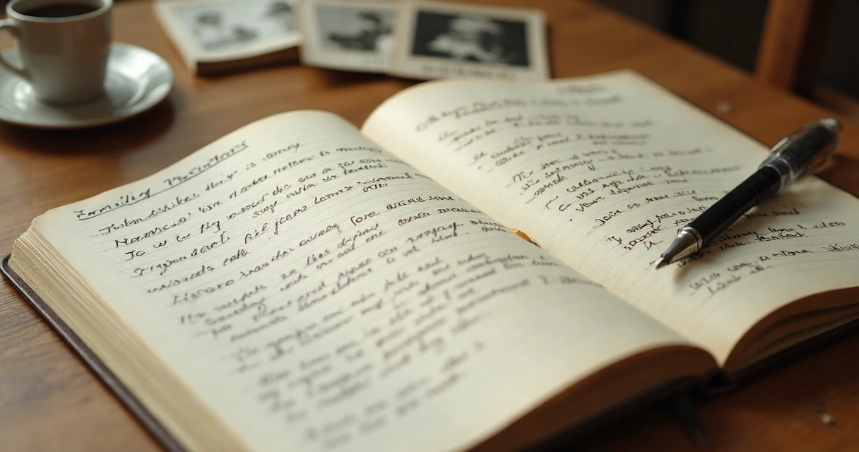 Cuaderno abierto con notas sobre historia familiar y fotos antiguas 