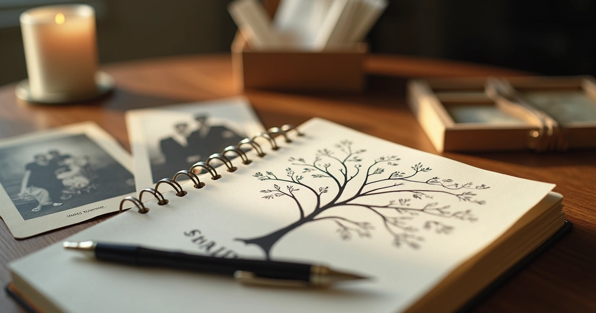 Cuaderno abierto con árbol familiar y fotografías antiguas