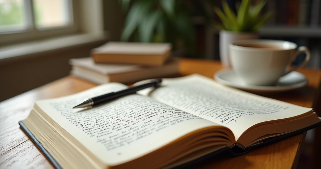 Cuaderno abierto con notas personales y taza de té