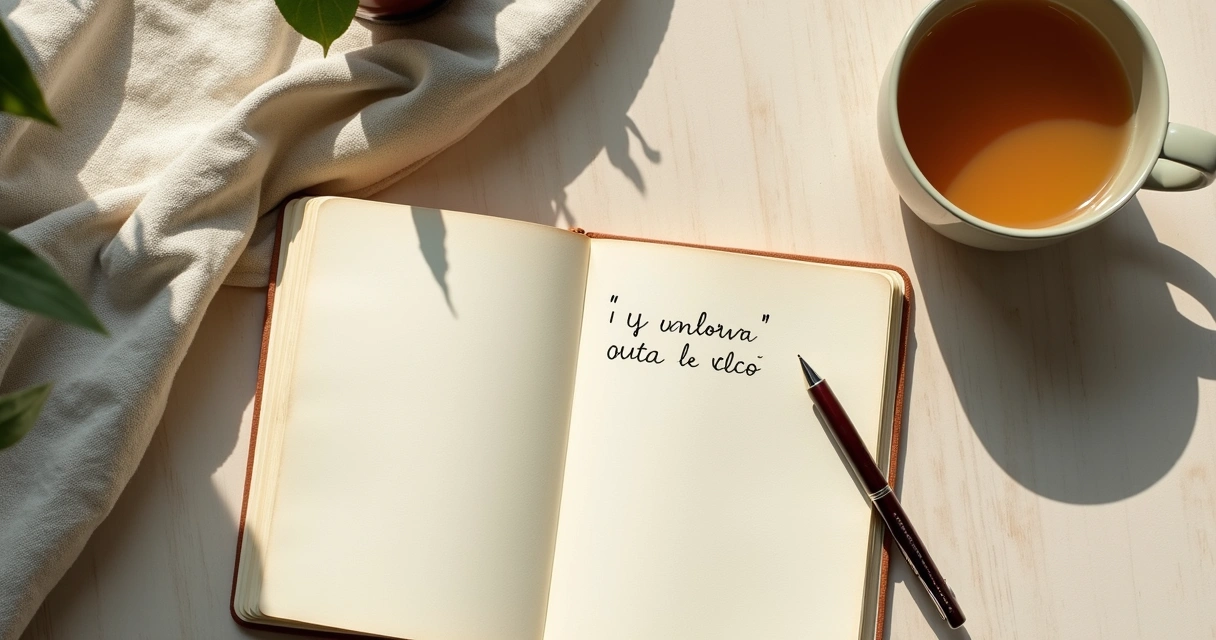 Cuaderno abierto con una intención del día escrita junto a una taza y luz de mañana