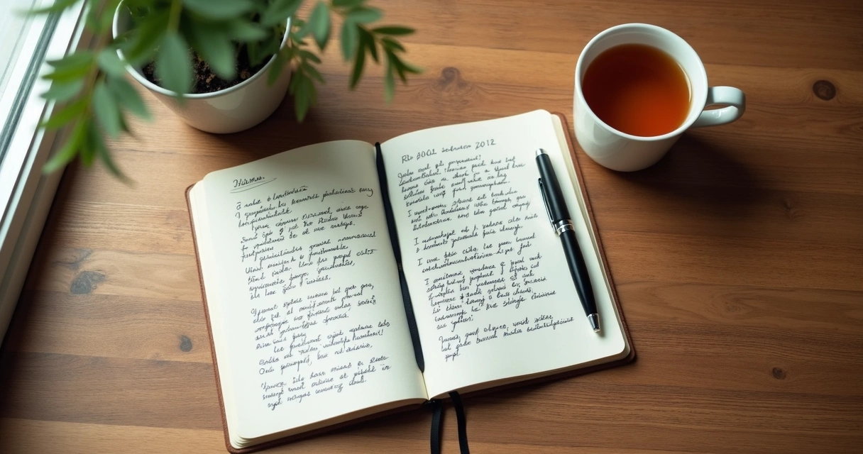 Cuaderno abierto con notas de reflexión y una taza sobre una mesa tranquila 