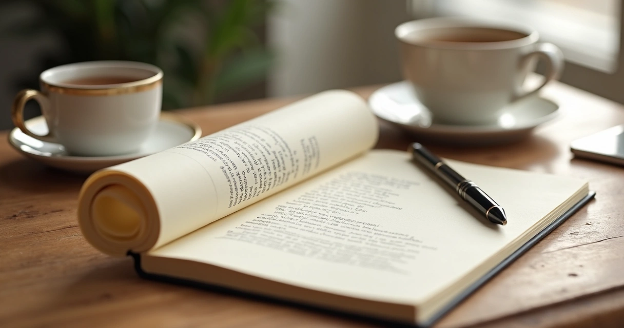 Cuaderno abierto con preguntas de reflexión y una taza sobre escritorio de madera