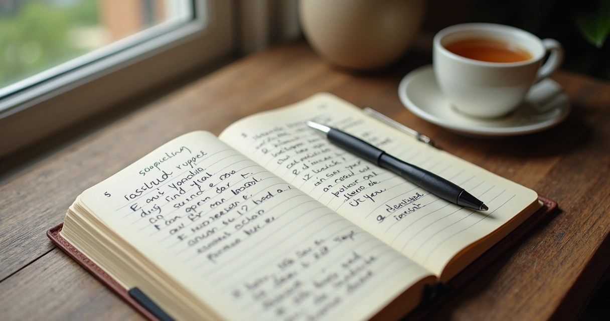 Cuaderno abierto con notas de reflexión y una taza al lado 