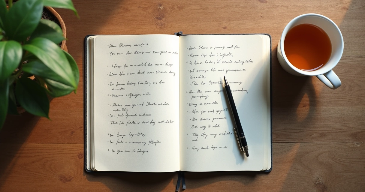 Cuaderno abierto con notas de reflexión y una taza al lado 