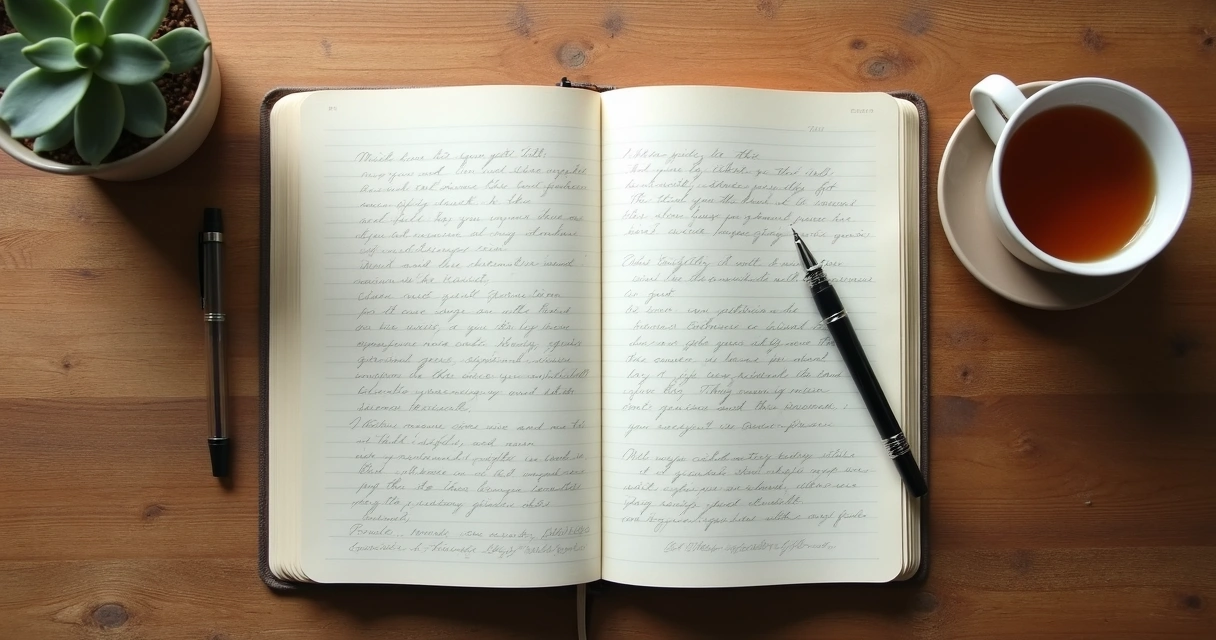 Cuaderno abierto y taza en una mesa tranquila