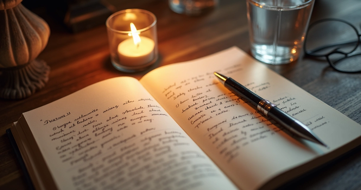 Cuaderno abierto con notas personales sobre una mesa de madera con luz tenue