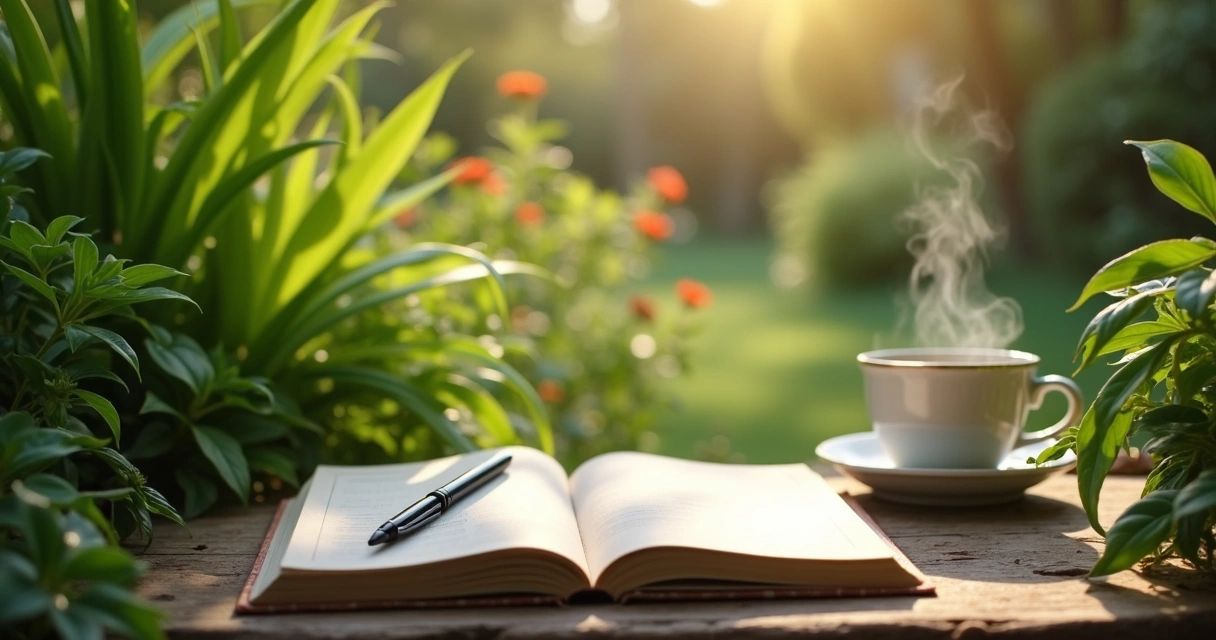 Cuaderno abierto en una mesa de jardín rodeado de plantas verdes 