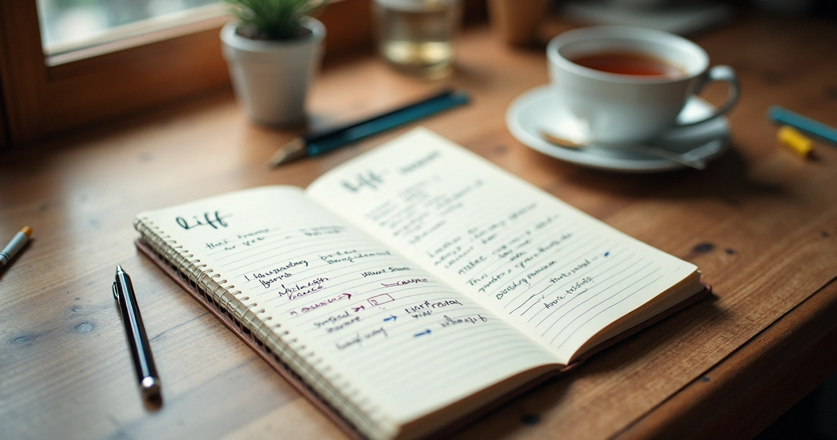Cuaderno abierto con línea de vida y notas escritas a mano 