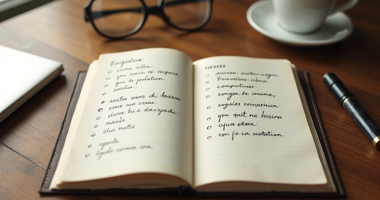 Cuaderno abierto con lista de logros y una taza de café