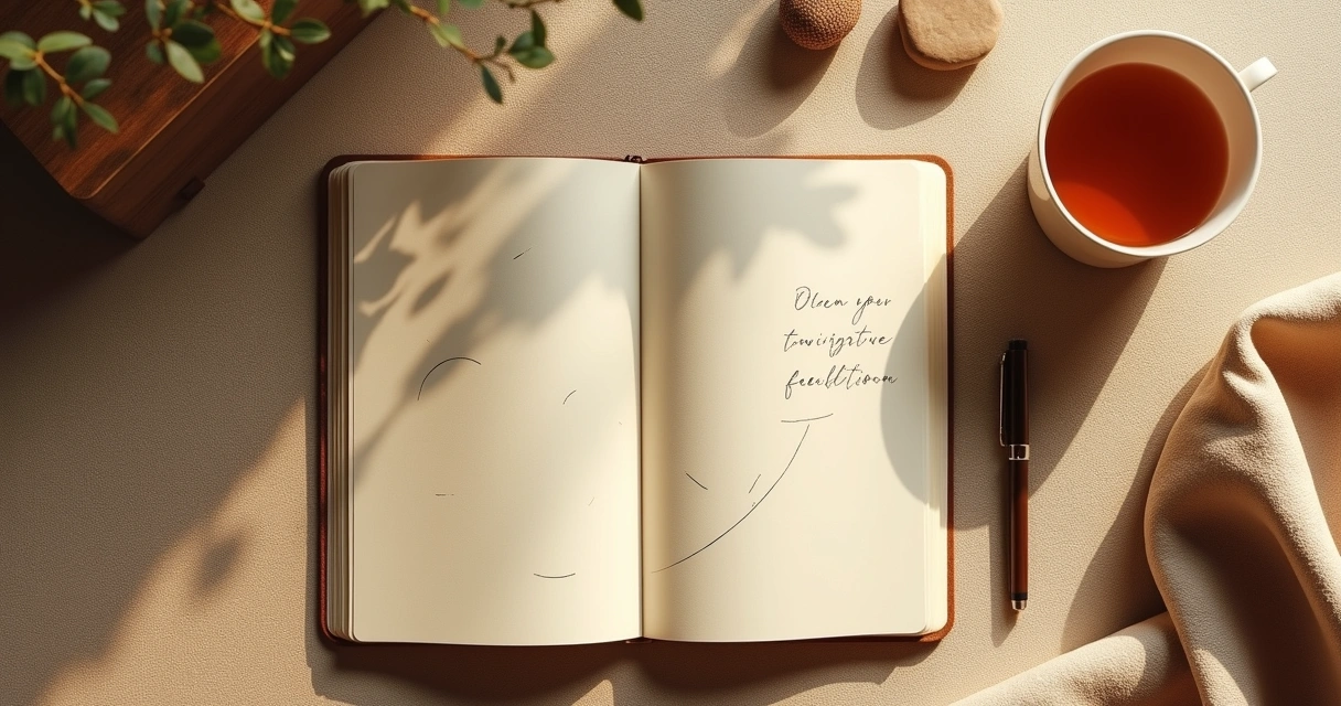 Cuaderno abierto junto a cojín de meditación y luz suave