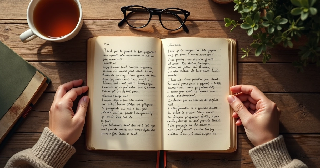 Cuaderno abierto con palabras emocionales y manos en reposo 