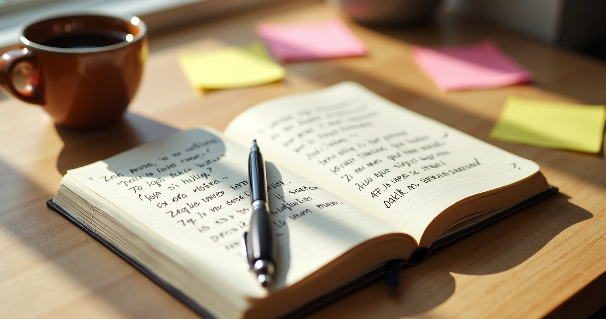 Cuaderno abierto con anotaciones mentales repetitivas y una taza de café al lado 