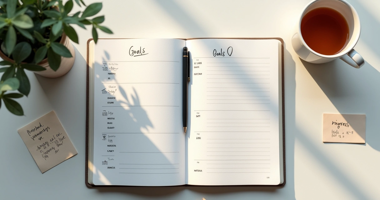 Cuaderno con metas, calendario y taza sobre un escritorio claro