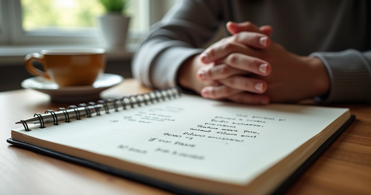 Cuaderno abierto con metas escritas y una persona reflexionando 