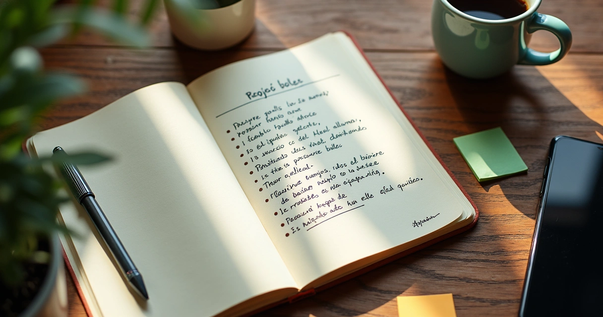 Cuaderno con metas tachadas y notas de presión externa