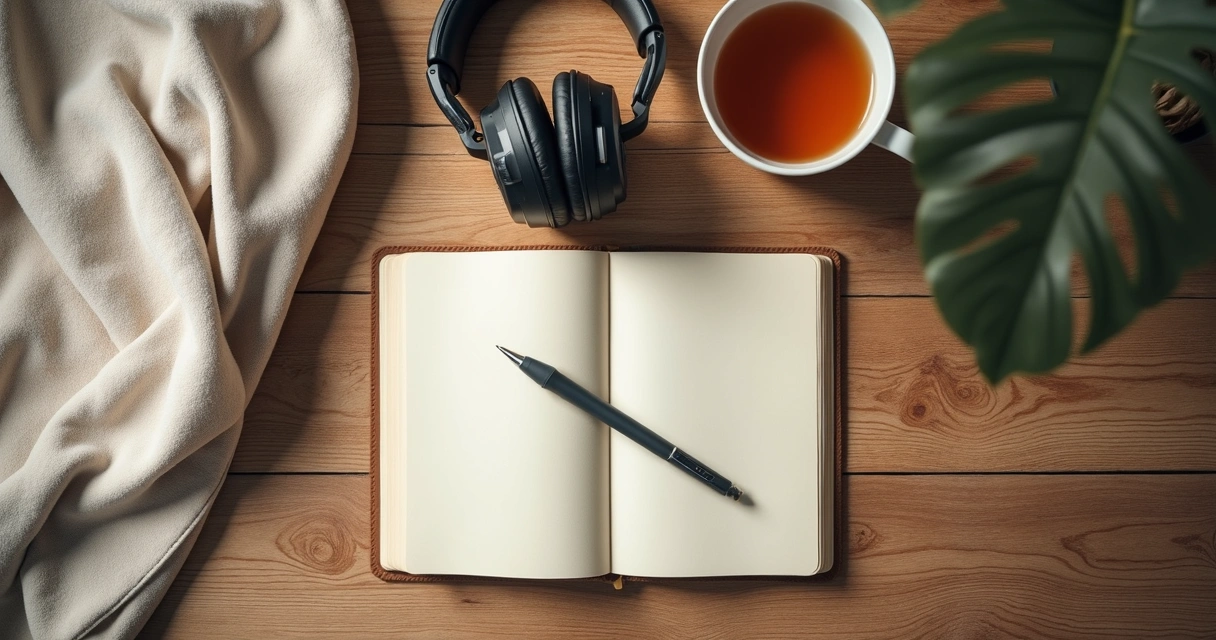 Cuaderno, auriculares y taza sobre una mesa tranquila 