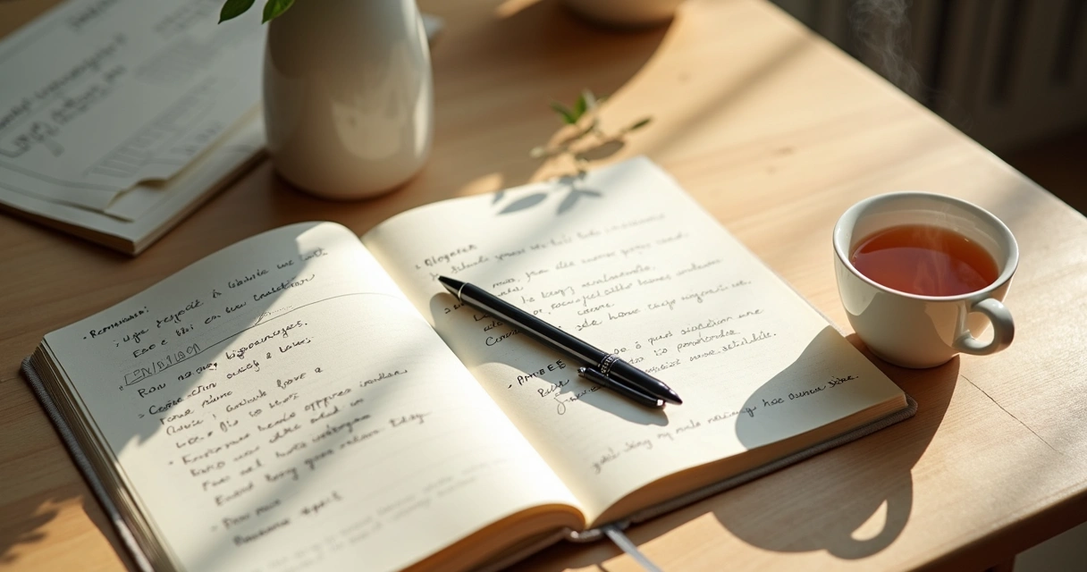 Cuaderno abierto con notas emocionales y una taza de té en una mesa clara
