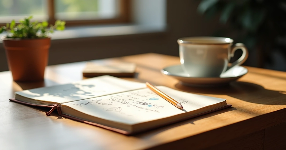 Cuaderno abierto con notas y taza sobre escritorio iluminado 