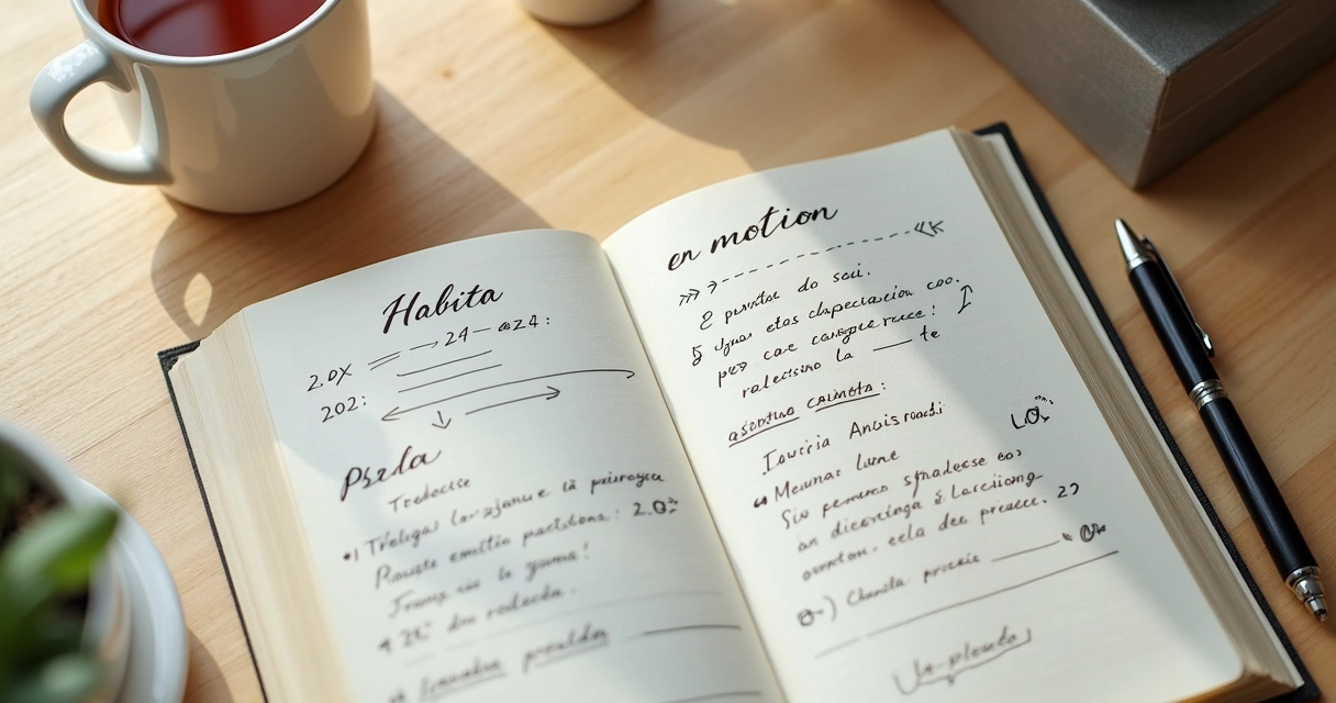Cuaderno abierto con notas sobre emociones y hábitos 