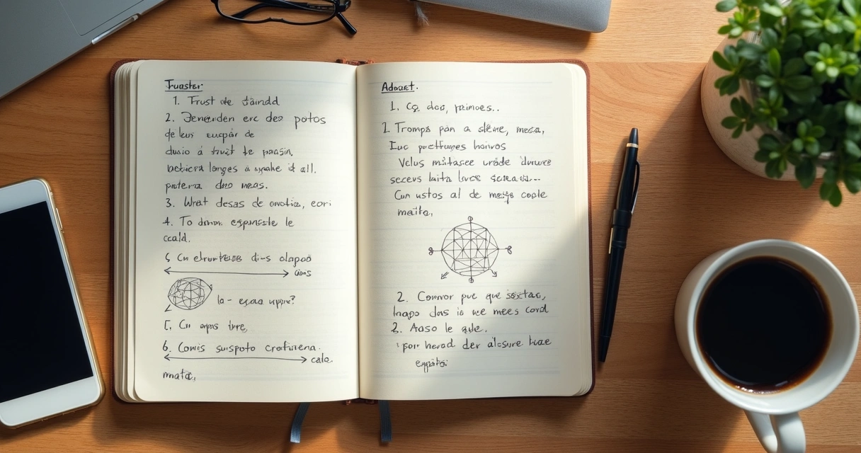 Cuaderno abierto con notas sobre patrones emocionales y taza de café 