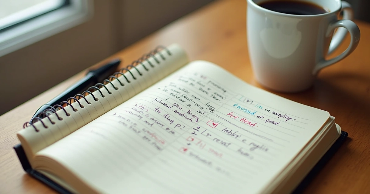 Cuaderno abierto con notas emocionales y una taza de café