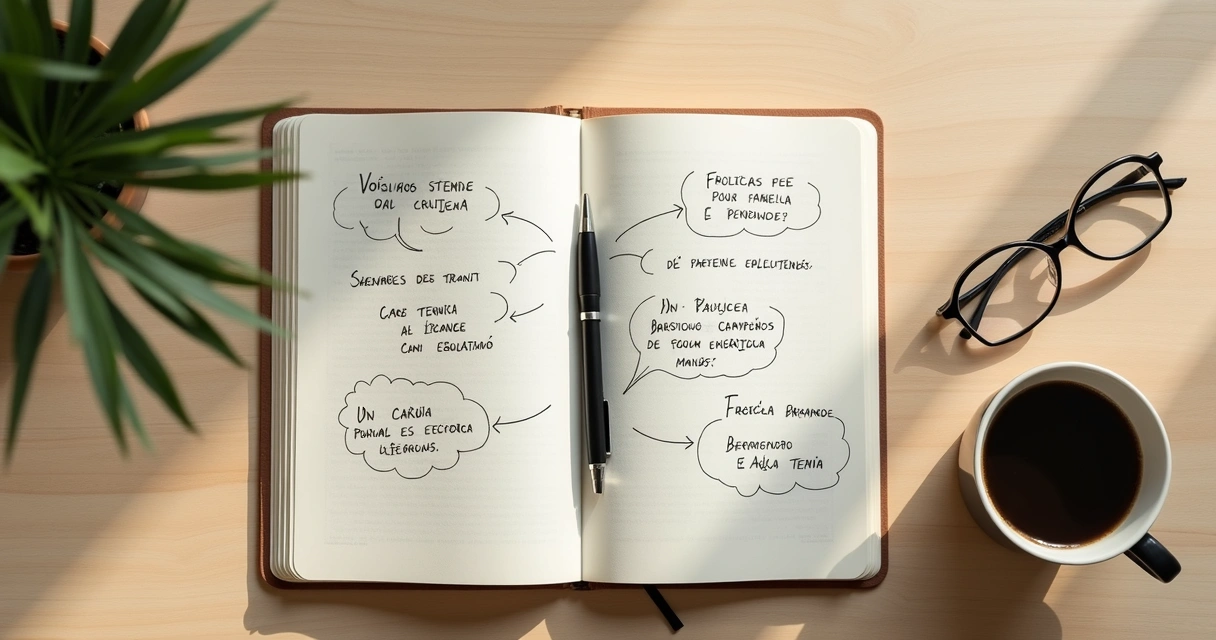 Cuaderno abierto con notas sobre patrones emocionales y una taza de café 