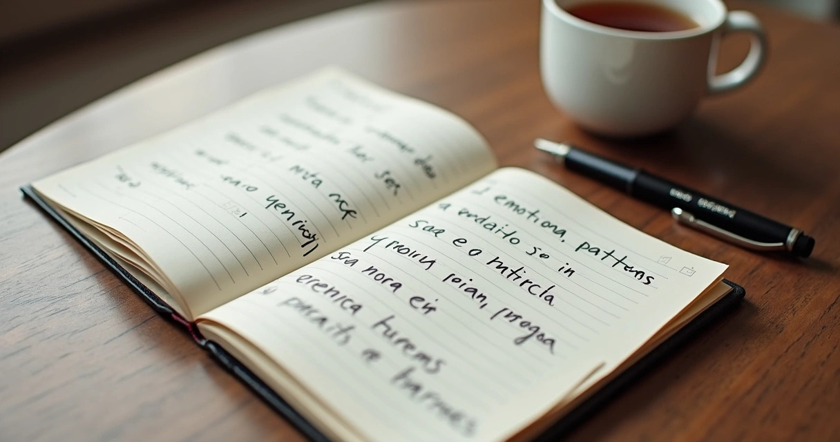 Cuaderno abierto con notas sobre patrones emocionales y una taza al lado