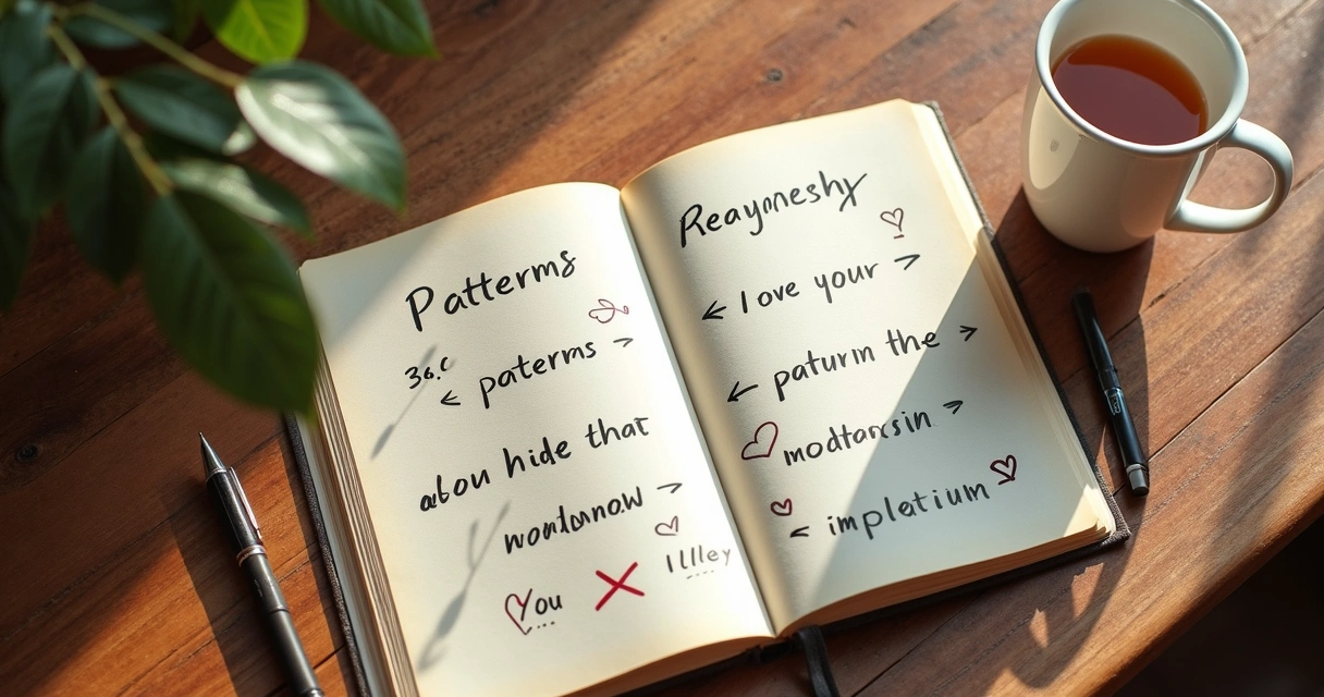 Cuaderno con notas sobre patrones de pareja y taza sobre mesa de madera