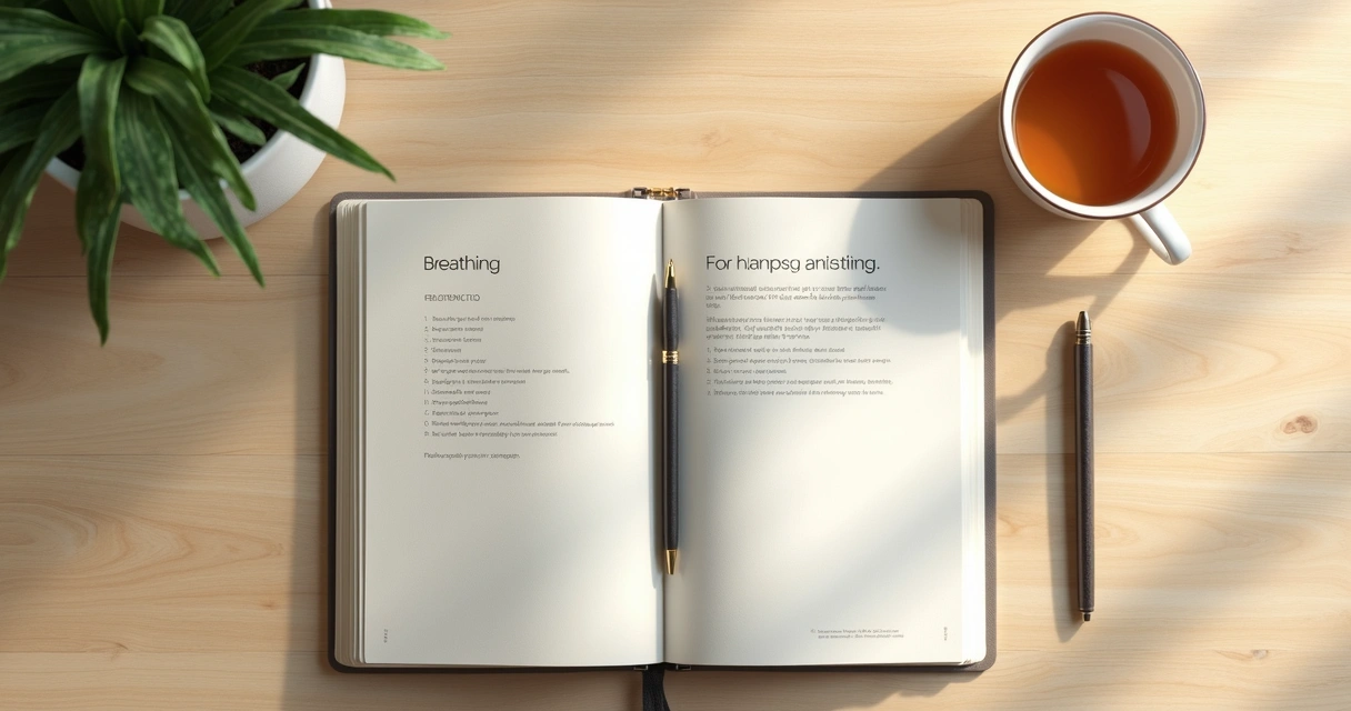 Cuaderno abierto con ejercicios de respiración sobre una mesa de madera clara