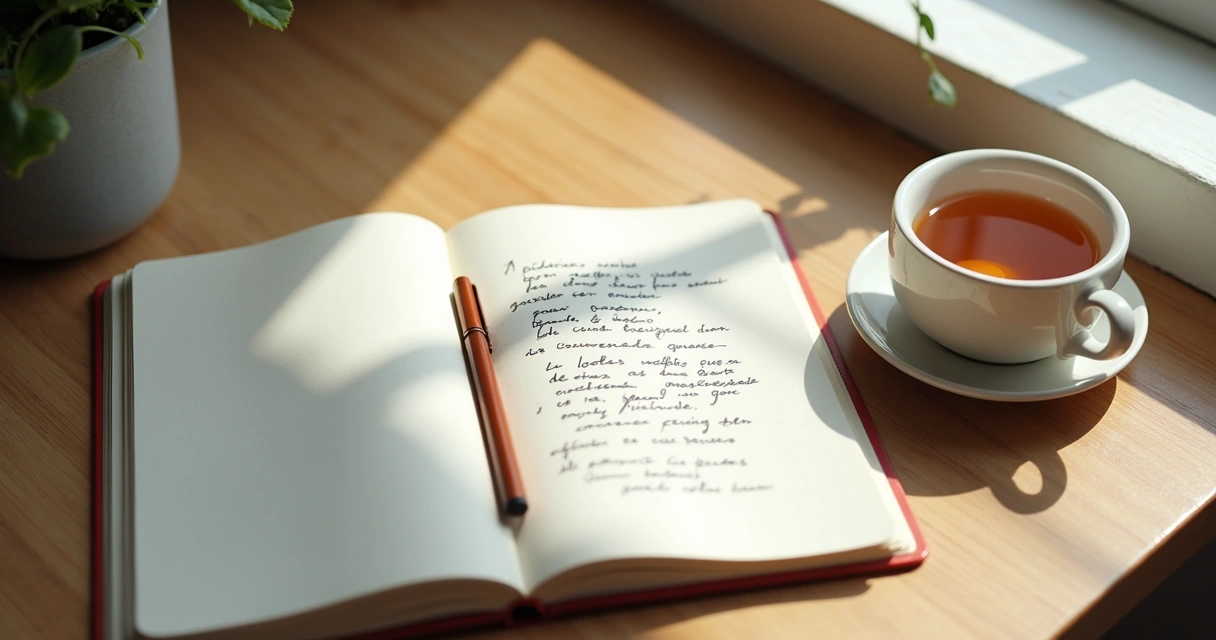 Cuaderno abierto con bolígrafo, taza y luz natural sobre escritorio tranquilo 