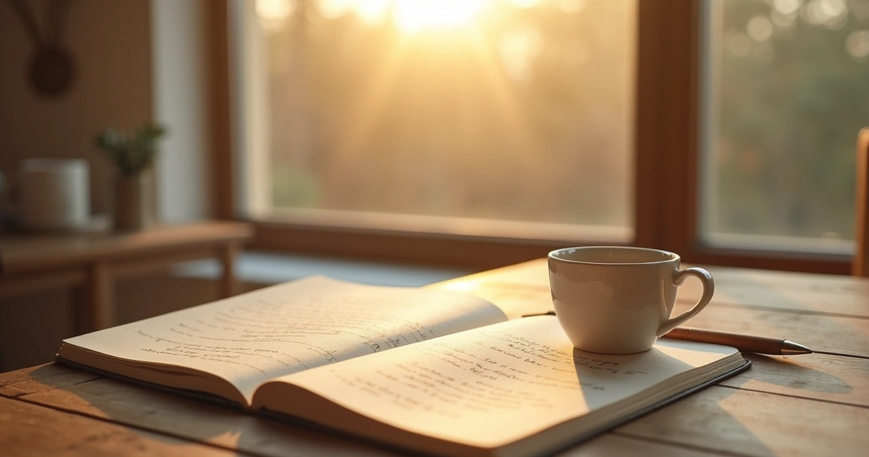 Cuaderno abierto y taza junto a una ventana al amanecer