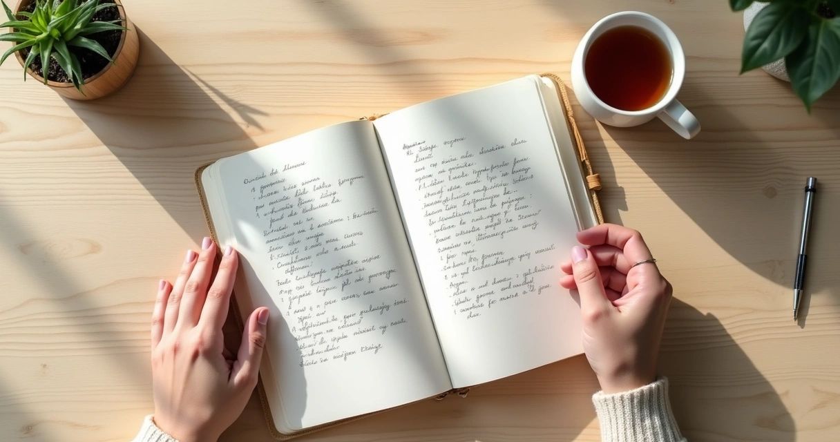 Cuaderno abierto con notas de reflexión y taza sobre escritorio claro