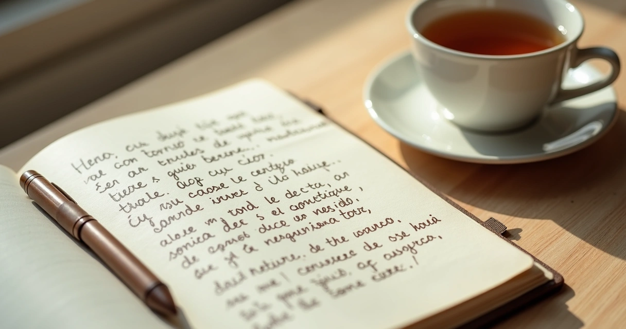 Cuaderno abierto con notas y taza sobre mesa clara 