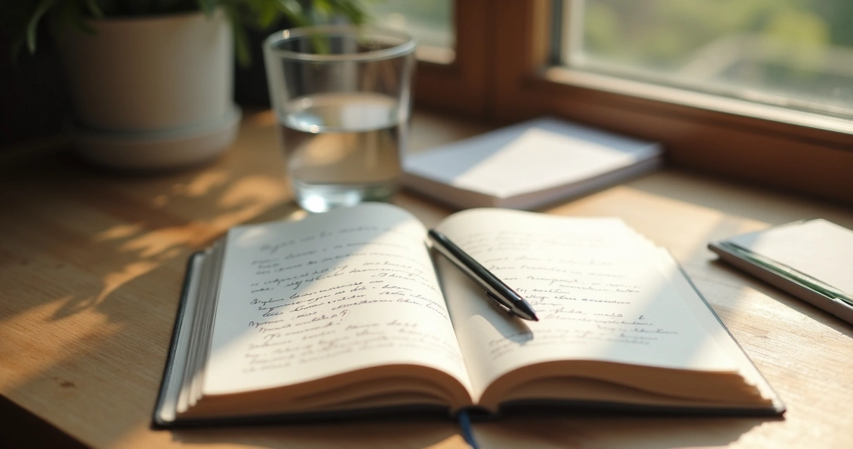 Cuaderno abierto junto a una ventana con luz suave 