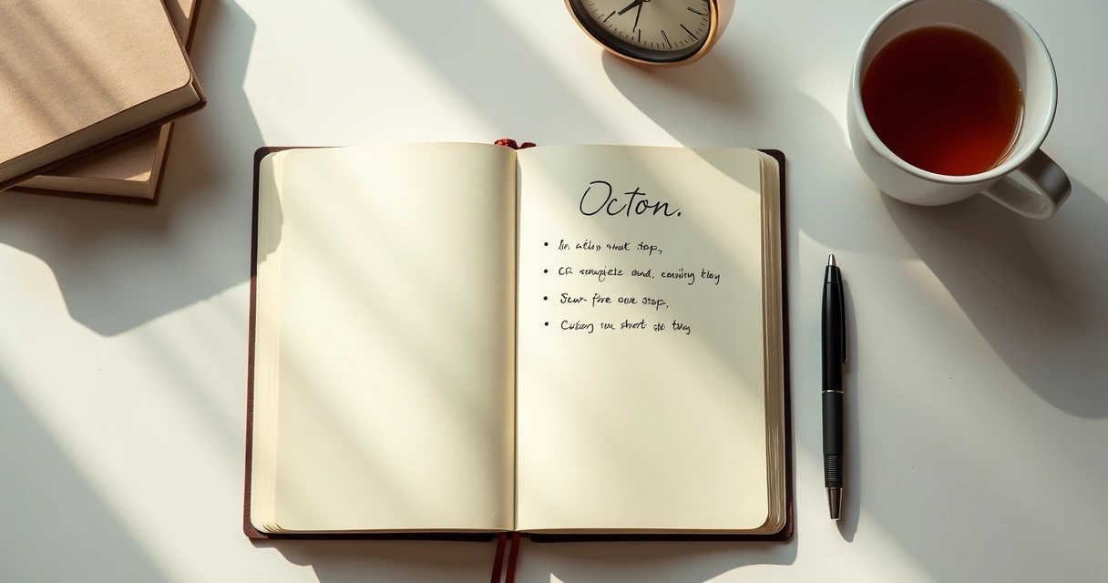 Cuaderno abierto con plan de acción simple junto a una taza y un reloj
