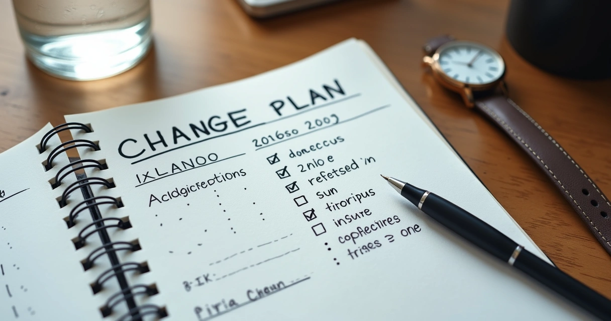 Cuaderno abierto con plan de cambio y notas de seguimiento 