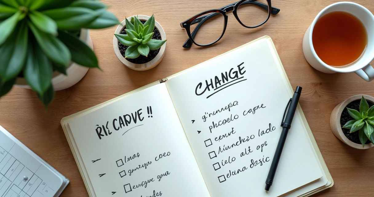 Cuaderno abierto con plan de cambio sobre un escritorio 