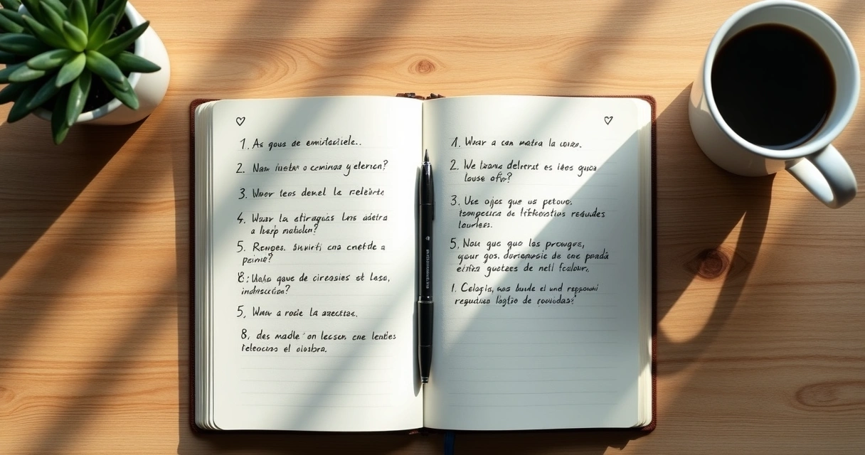 Cuaderno con preguntas escritas y taza de café sobre escritorio 