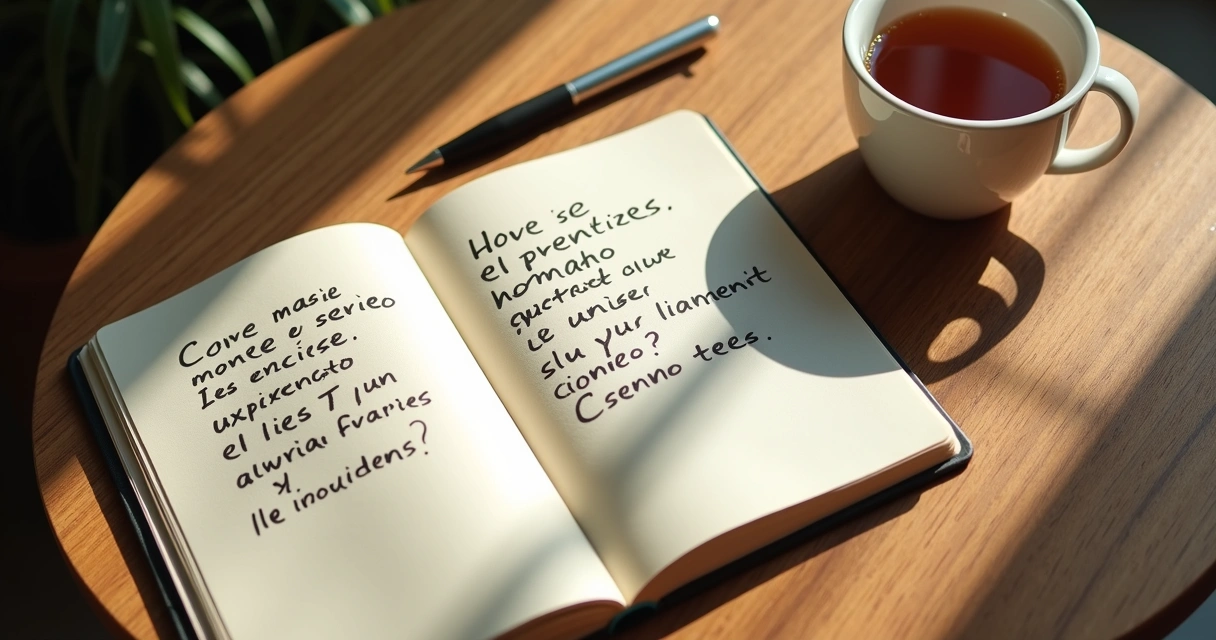 Cuaderno abierto con preguntas de reflexión sobre una mesa de madera