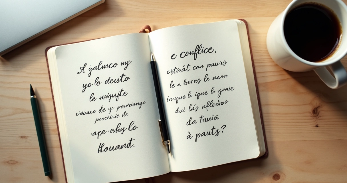 Cuaderno abierto con preguntas escritas a mano y una taza al lado