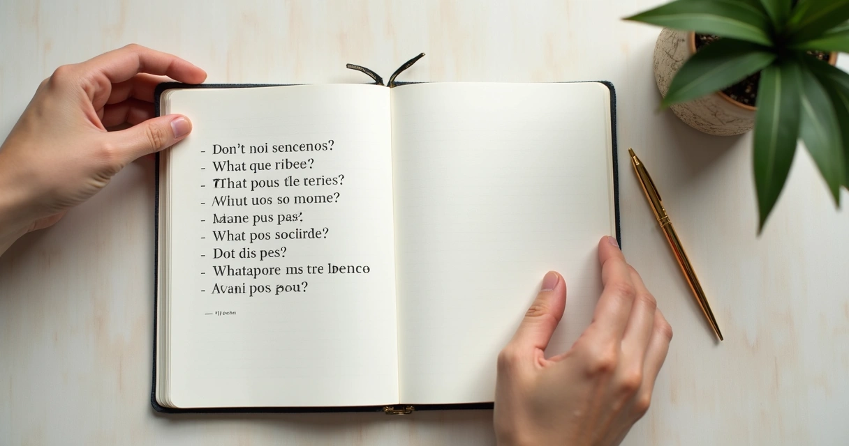Cuaderno abierto con preguntas escritas y manos en pausa para reflexionar